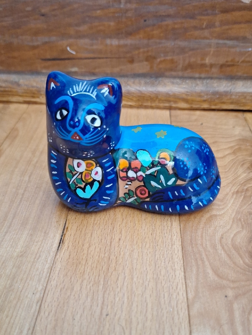 Hand-Painted Blue Folk Art Cat Figurine